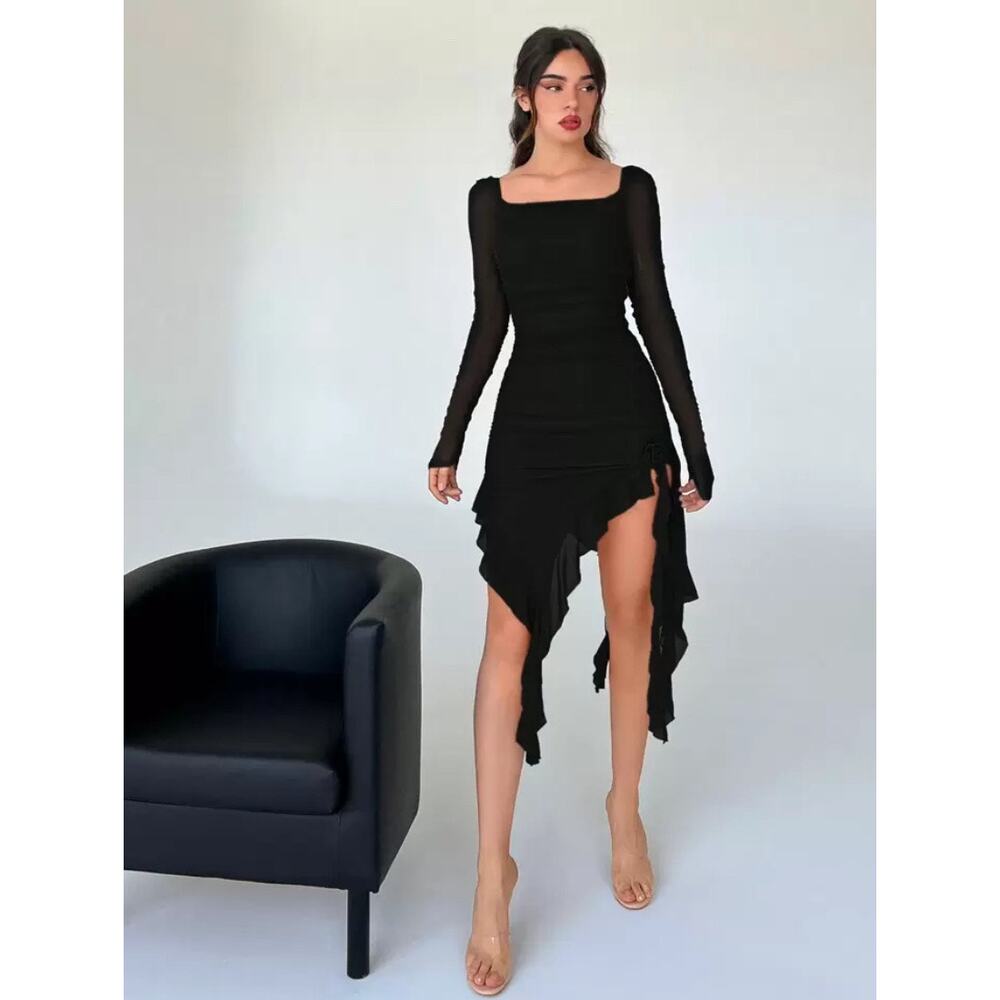 Shein Square Neck Ruched Asymmetrical Dress Black Mesh Women's XS Whimsigoth